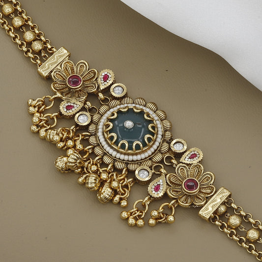 Regal Matte Gold Toned Antique Kundan Bracelet