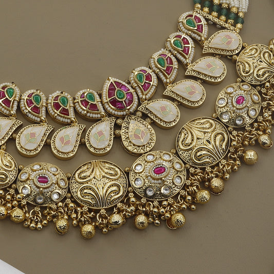 Handcrafted Meenakari & Polki Layered Necklace Set with Seed Pearls