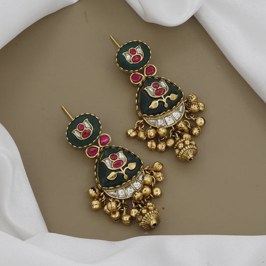 Antique Finish Long Necklace Set with Elephant Motifs & Green Stones