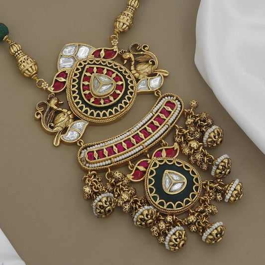 Traditional Peacock Kundan Long Necklace Set with Green Beads