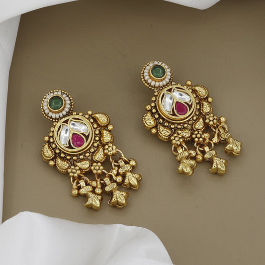 Elegant Kundan Chain Long Necklace Set with Ruby & Emerald Accents
