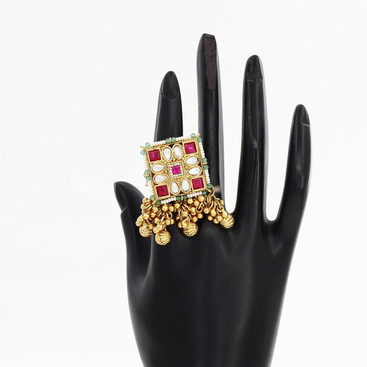 Ruby, White & Green Stone Kundan Freesize Ring