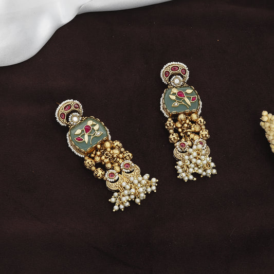 Floral & Gemstone Antique Long Necklace & Earrings