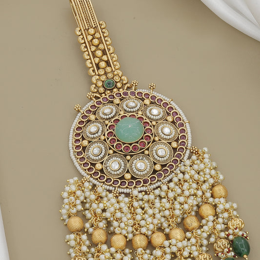 Round Gold Belly Juda with Green Stone Center and Pearl Fringe