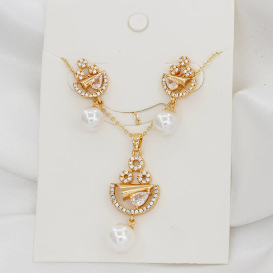 Gold Plated Elegant Pearl & Pendent Earring Set