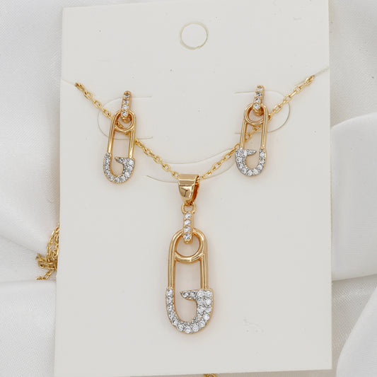 Gold Plated Trendy Safety Pin Pendent & Earring Set