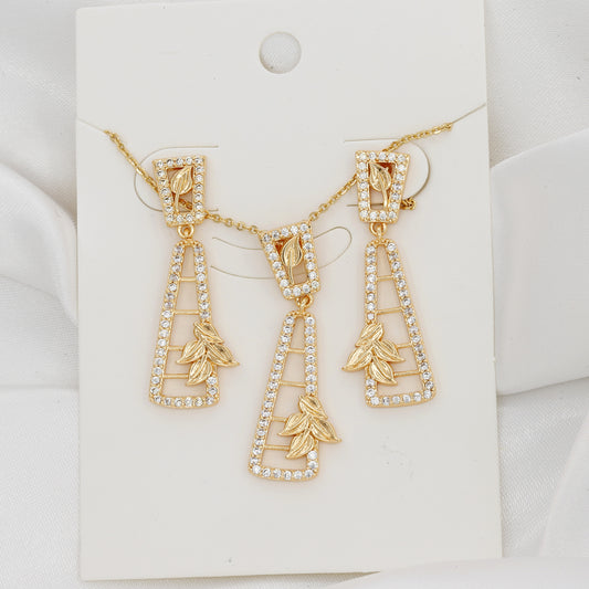 Gold Plated Leaf Design Pendent Earring Set