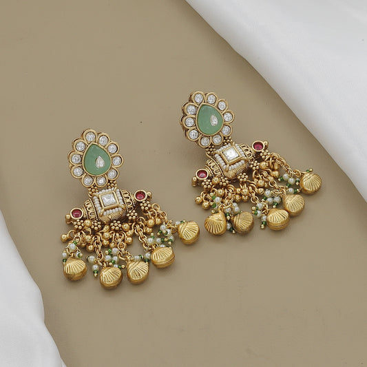 Traditional Antique Gold-Toned Peacock Motif & Green Stone Necklace Set