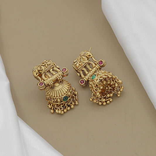 Traditional Elephant Motif Gold-Toned & Green Stone Temple Jewelry Set