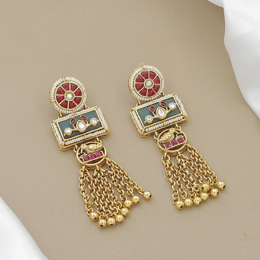 Rectangular Enamel Pendant Necklace with Kundan & Gold Chains