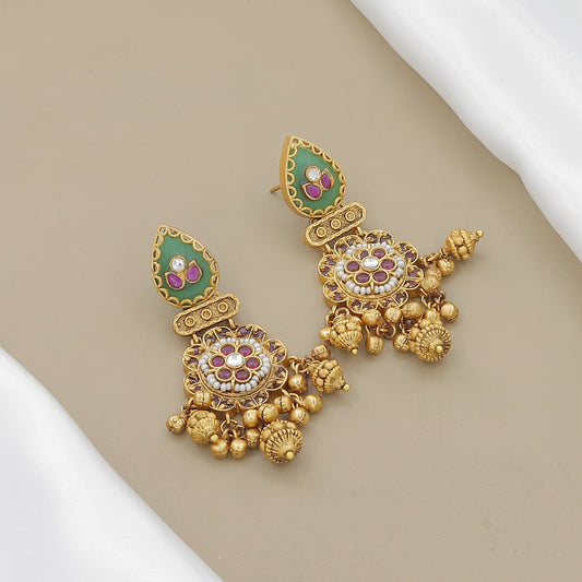 Traditional Antique Gold Enamel & Green Stone Necklace Set