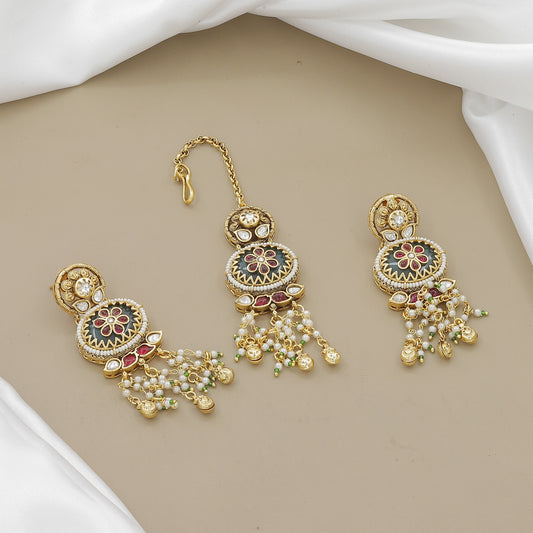 Hand-Carved Jade-Inspired Floral Pendant Set with Pearl Drops