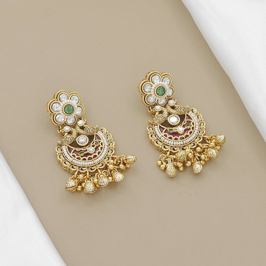 Antique Gold-Toned Long Temple Necklace Set with Green Stone