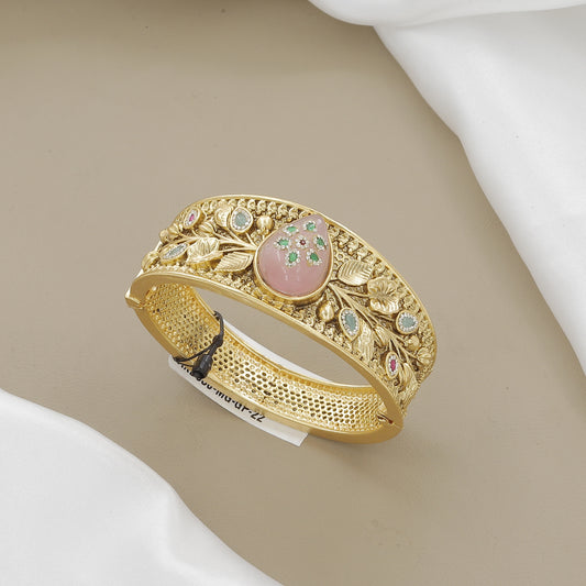 Elegant Gold Kada with Pink and Green Gemstones