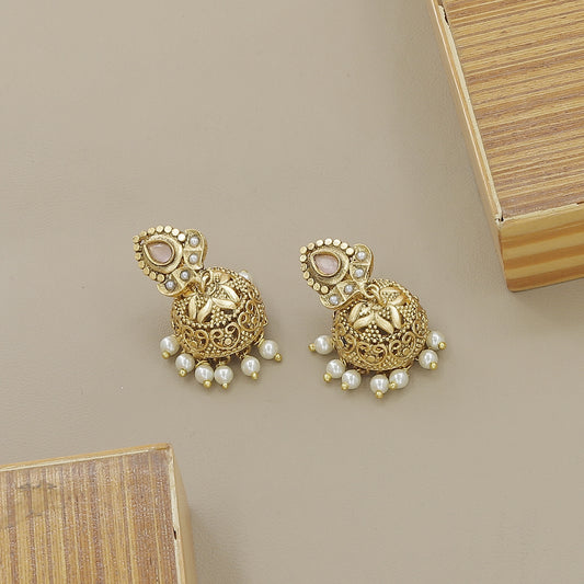 Traditional Gold Plated Pearl & Pink Stone Necklace Set