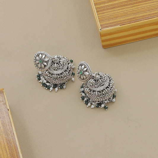 Green & White Pearl Antique Silver Plated Necklace Set