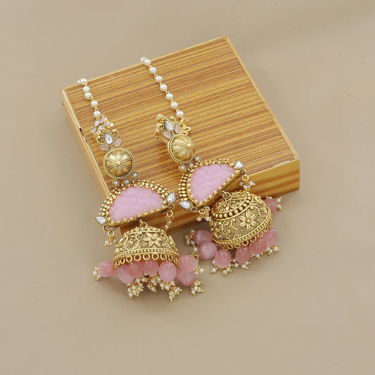 Traditional Gold Plated Pearl & Pink Stone Necklace Set