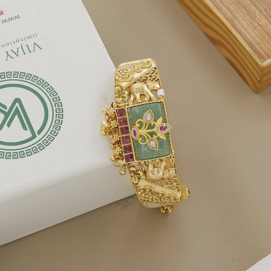 Traditional Gold Elephant Kada Bracelet with Gemstones
