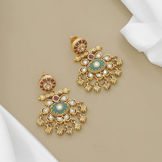 Traditional Antique Gold Plated Necklace Set with Green Stones and Elephant Motifs