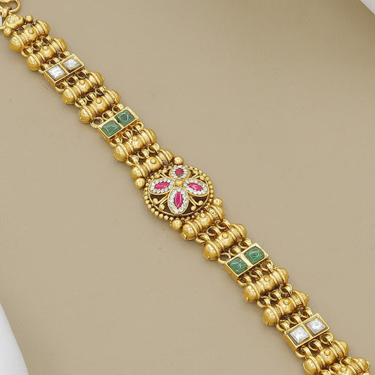 Traditional Gold Plated Bracelet with Ruby, Emerald, and Pearl Accents
