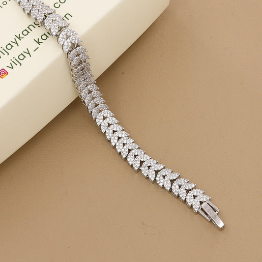 Silver Polished Leaf Design Cubic Zirconia Tennis Bracelet