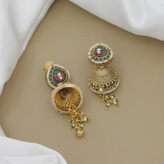 Grand Gold-Plated Elephant & Meenakari Jhumki Long Necklace Set