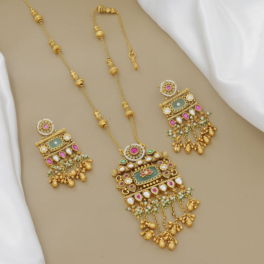 Grand Gold-Plated Meenakari & Jhumki Necklace Set with Stone Drops