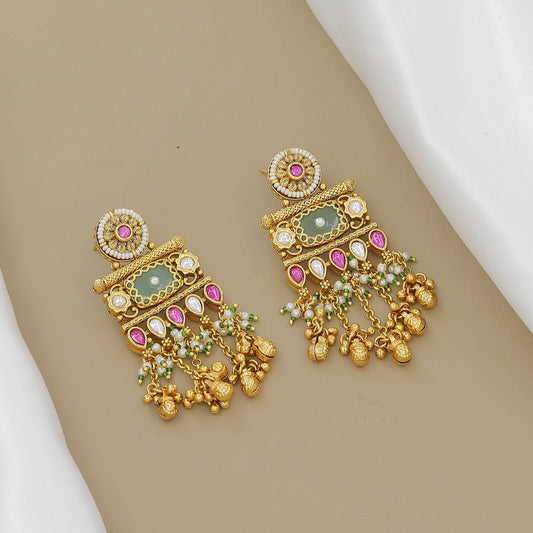 Grand Gold-Plated Meenakari & Jhumki Necklace Set with Stone Drops