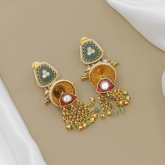 Grand Gold-Plated Meenakari & Jhumki Necklace Set with Stone Drops