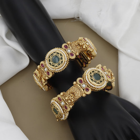 Heavy Gold Tone Patla Set with Large Green & Pearl Centerpieces