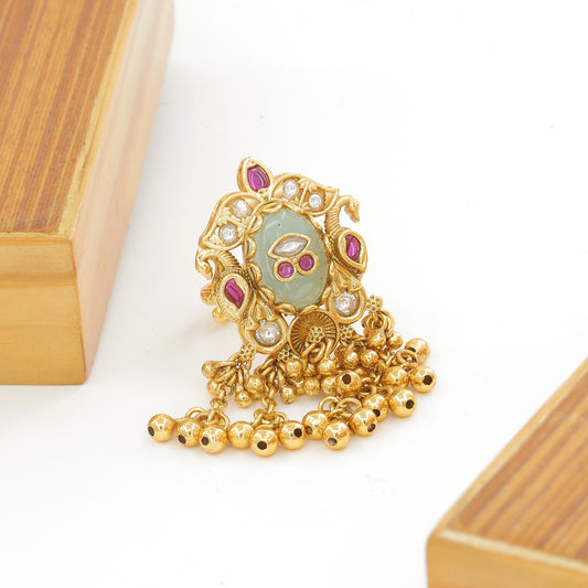 Traditional Gold-Plated Peacock Jhumki Ring with Polki and Ruby Stones