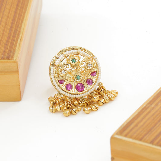 Vintage Gold-Plated Round Jhumki Ring with Pearl and Stone Embellishments