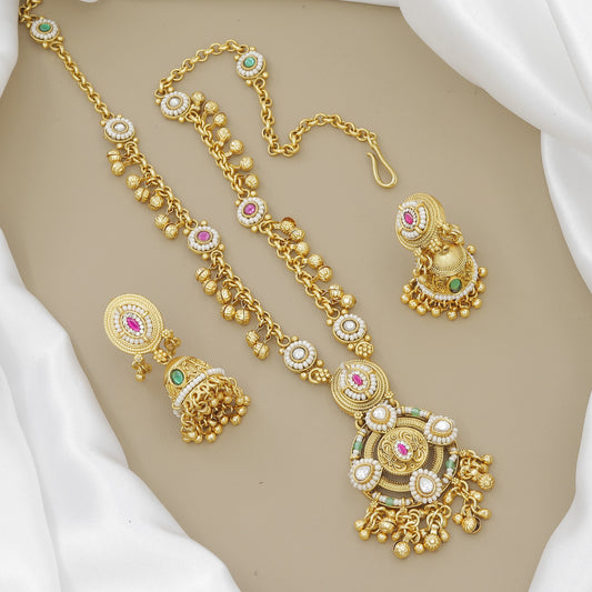 Heritage Gold-Plated Moti & Jhumki Necklace Set with Earrings