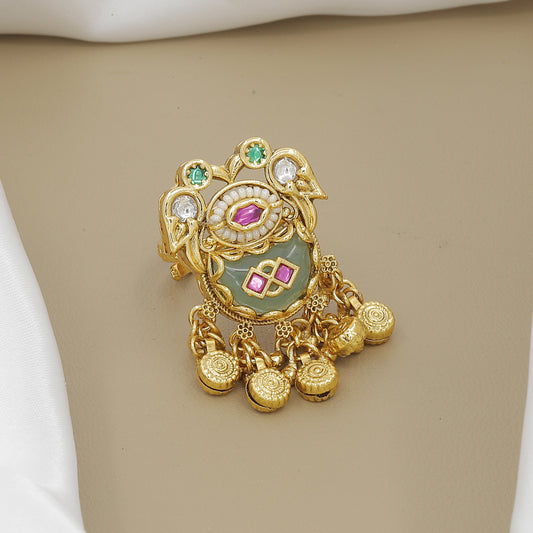 Vintage Gold-Plated Moti Finger Ring with Stone and Jhumki Drops