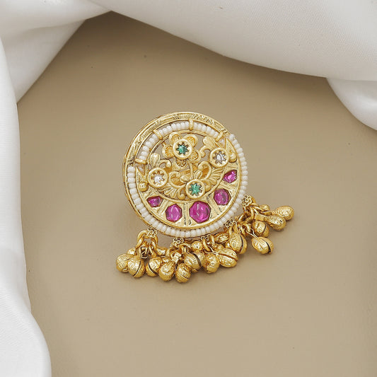 Vintage Gold-Plated Round Jhumki Ring with Pearl and Stone Embellishments