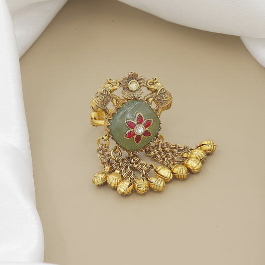 Antique Gold-Plated Elephant & Flower Moti Jhumki Finger Ring