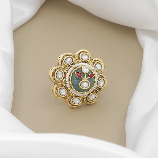 Antique Floral Polki Ring with Carved Green Stone