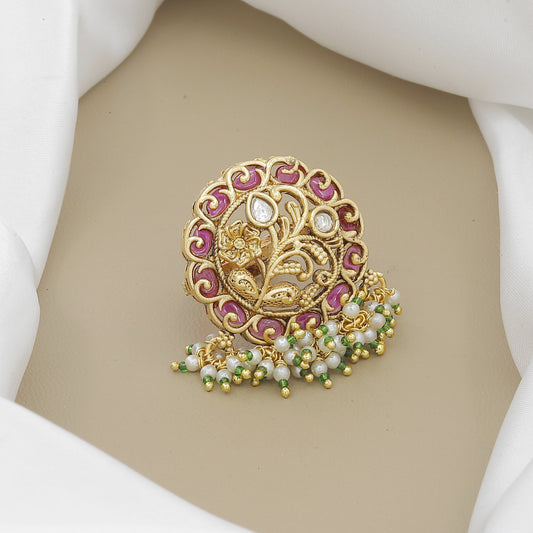 Antique Gold-Plated Floral Ring with Ruby & Polki Stones