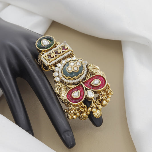Antique Statement Ring with Kundan, Meenakari & Gold Drops
