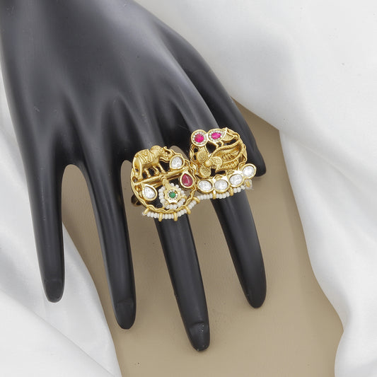 Antique Elephant Double Finger Ring with Polki & Gemstones