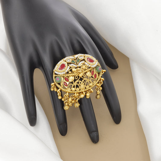 Antique Ruby & Emerald Ring with Intricate Bell Drops