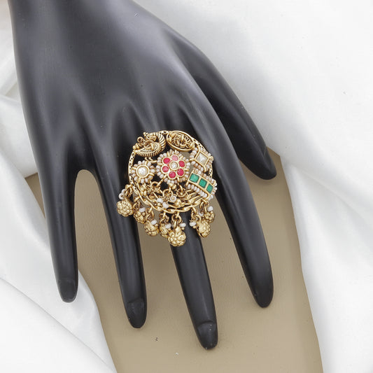 Ornate Antique Polki Ring with Peacock and Pearl Hangings