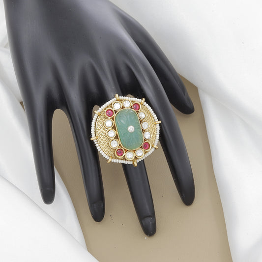 Traditional Antique Kundan Ring with Carved Gemstone