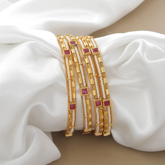 Elegant Antique Set of 4 Bangle Set with Ruby and Pearl Accents