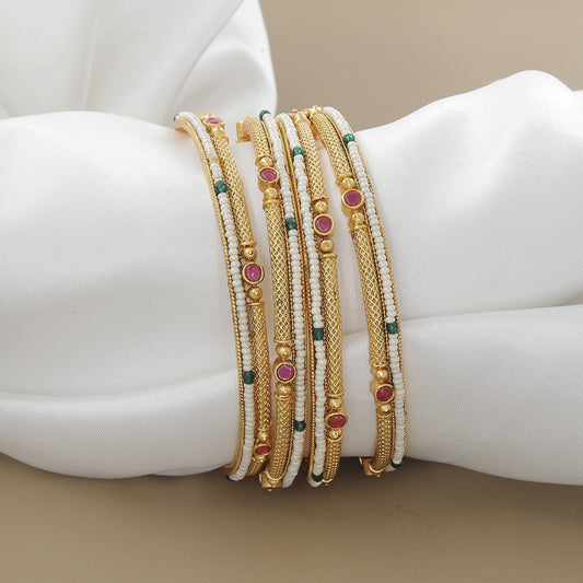 Antique Indian Set Of 4 Bangles with Moti, Ruby & Emerald