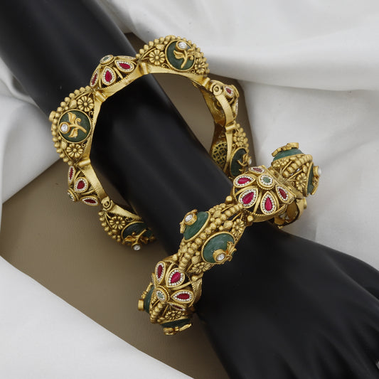 Traditional Gold Toned Patla Set with Ruby and Emerald Accents