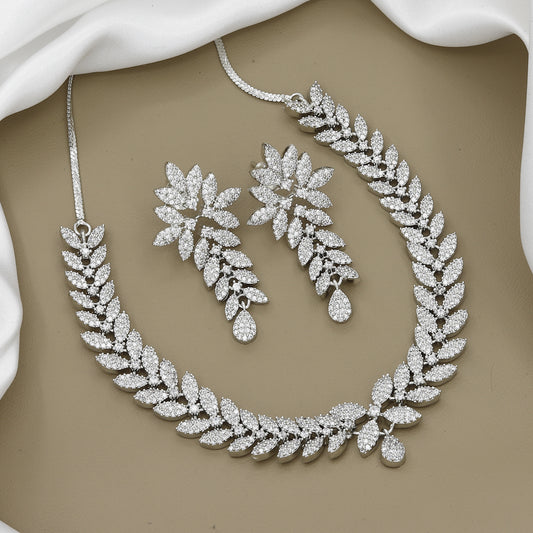 Silver-Toned Zirconia Leaf Necklace and Earring Set