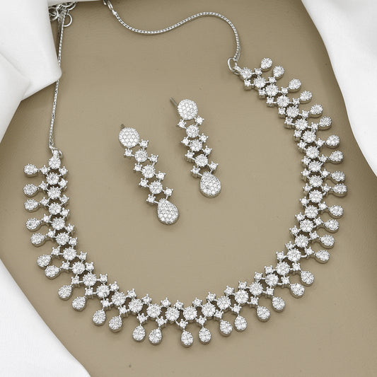 Sparkling Silver-Toned Zirconia Circle Necklace and Earring Set