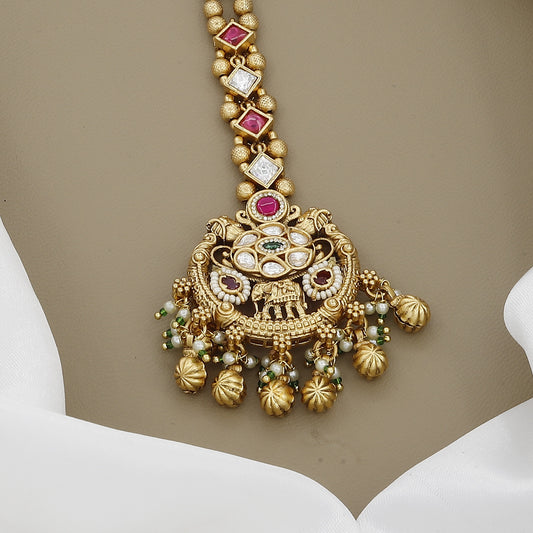 Antique Kundan Maang Tikka with Ruby & Pearl Drops
