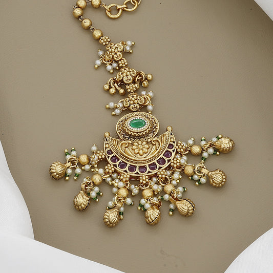 Antique Gold Maang Tikka with Pearls and Green Stone